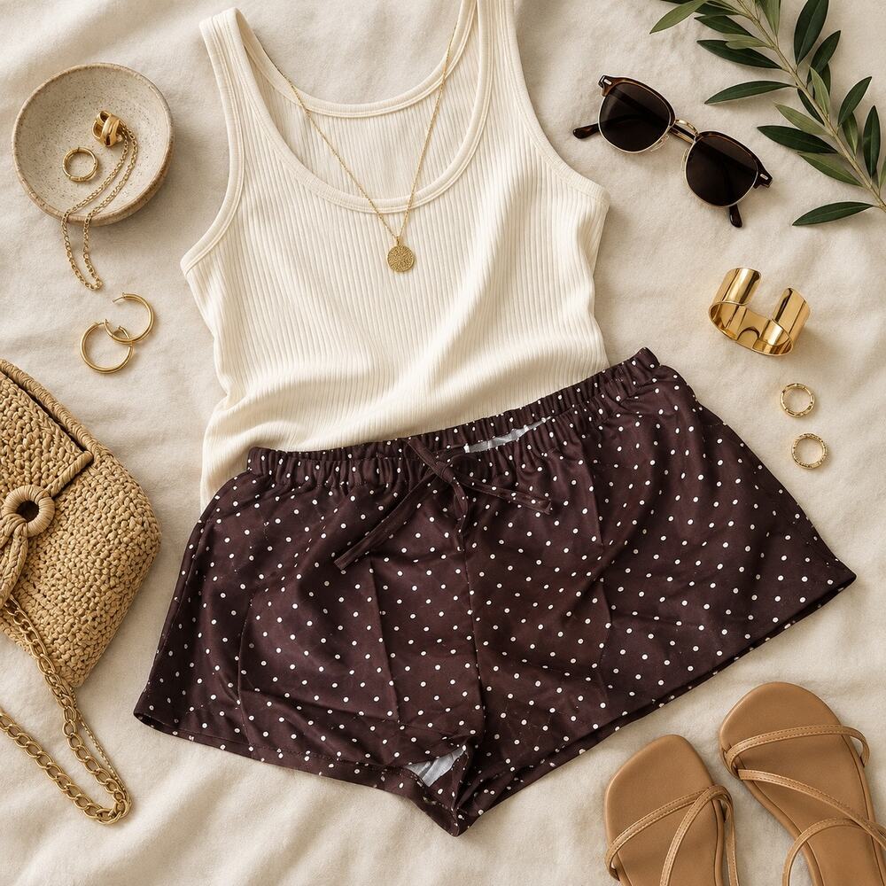 Boutique Brown Cream Polka Dot Lounge Casual  Shorts Elastic Waist Size M 6 NWT